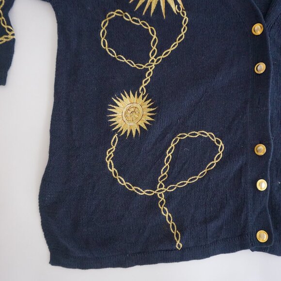 Vintage Maggie Lawrence Navy Gold Sun Chain Embroidered Knit Cardigan 22/24 - Picture 7 of 13